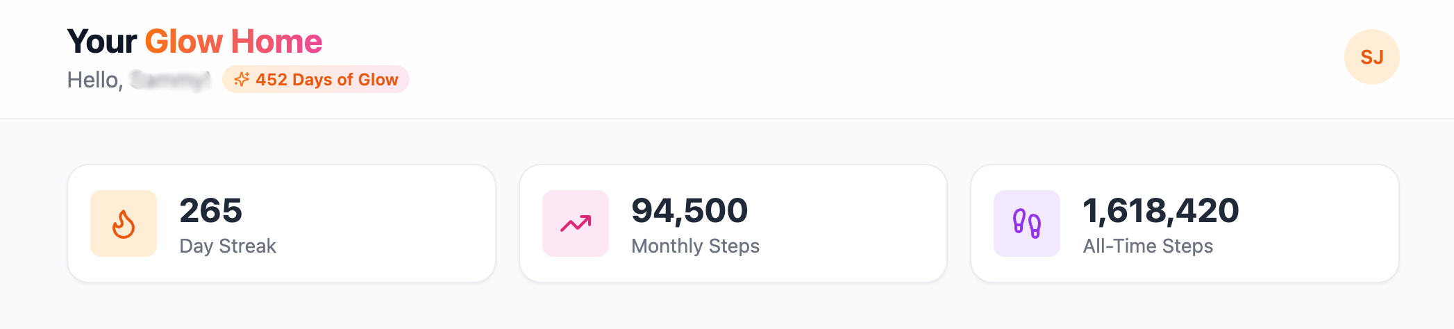 A real member's anonymous Glow Home dashboard showing their streak and step stats