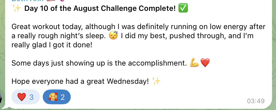 A real member message from the Glow Walk Club Telegram community