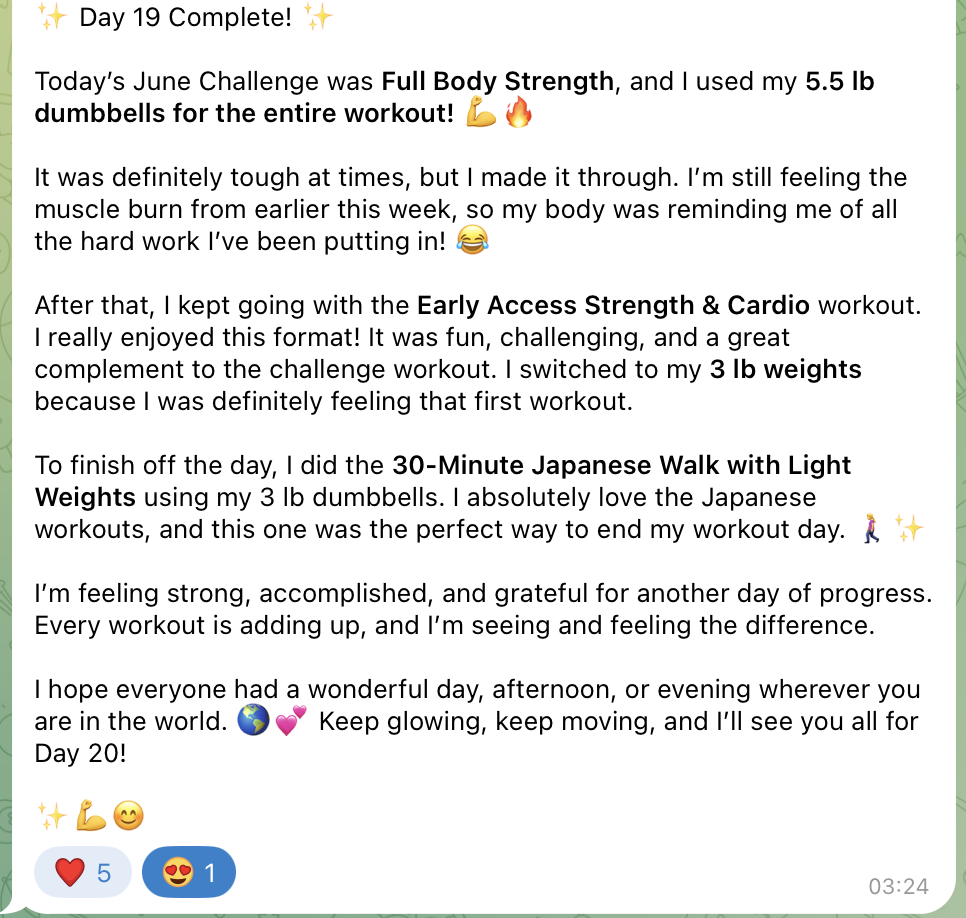 A real member check-in from the Glow Walk Club Telegram community