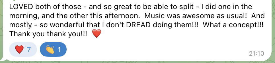 A real member message from the Glow Walk Club Telegram community