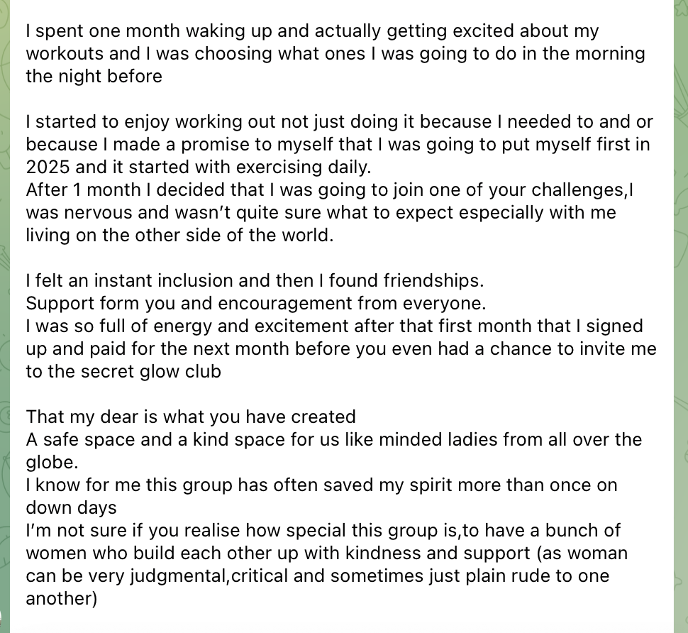 A real member message from the Glow Walk Club Telegram community