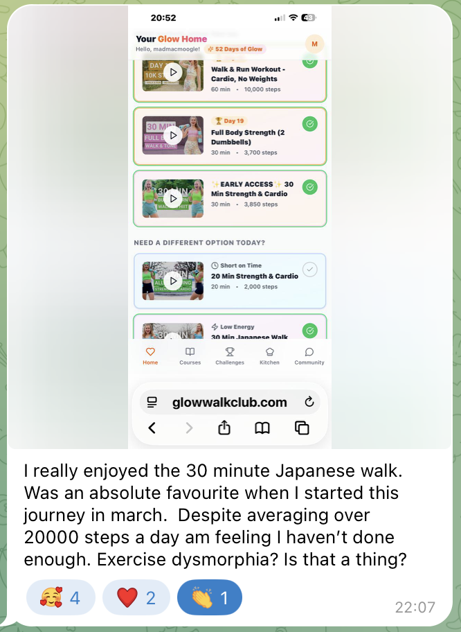 A real member check-in from the Glow Walk Club Telegram community