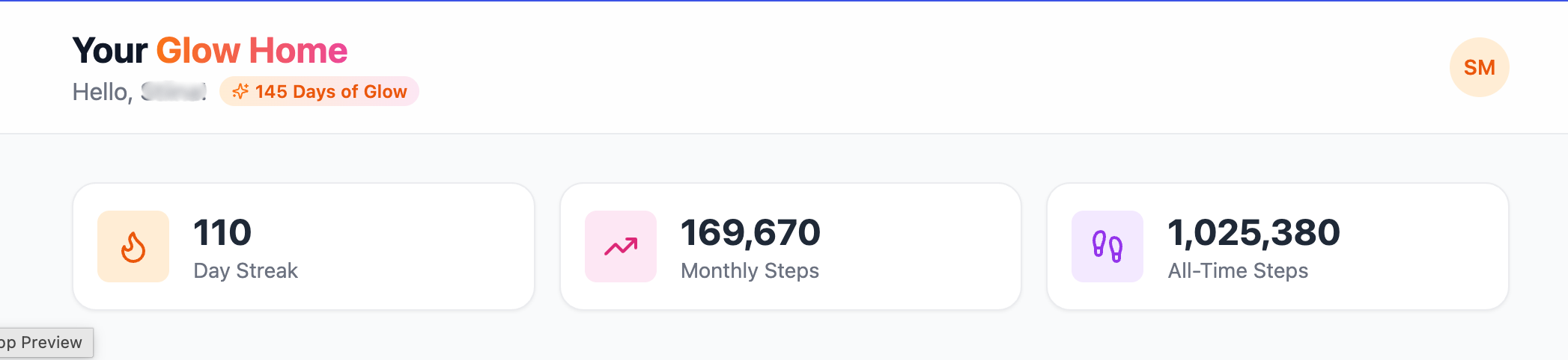 A real member's anonymous Glow Home dashboard showing their streak and step stats