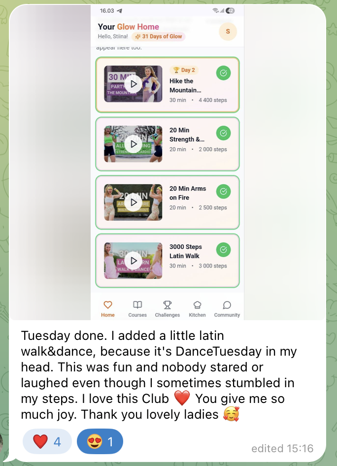 A real member message from the Glow Walk Club Telegram community