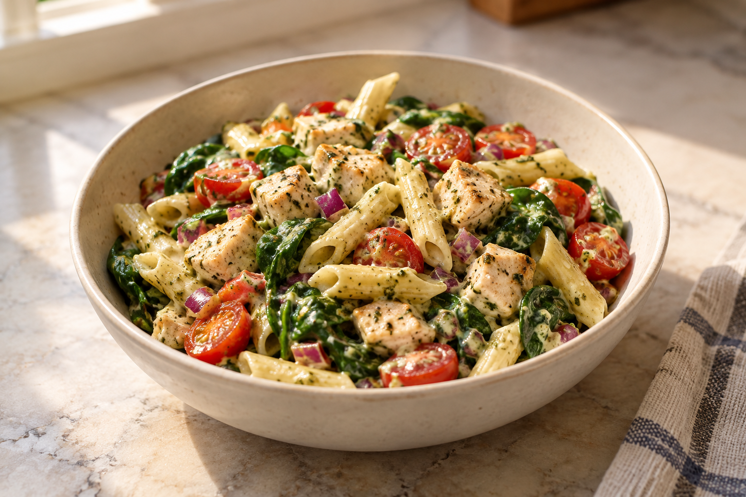 Creamy Chicken Pesto Pasta Bowl