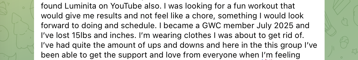 A real member message from the Glow Walk Club Telegram community