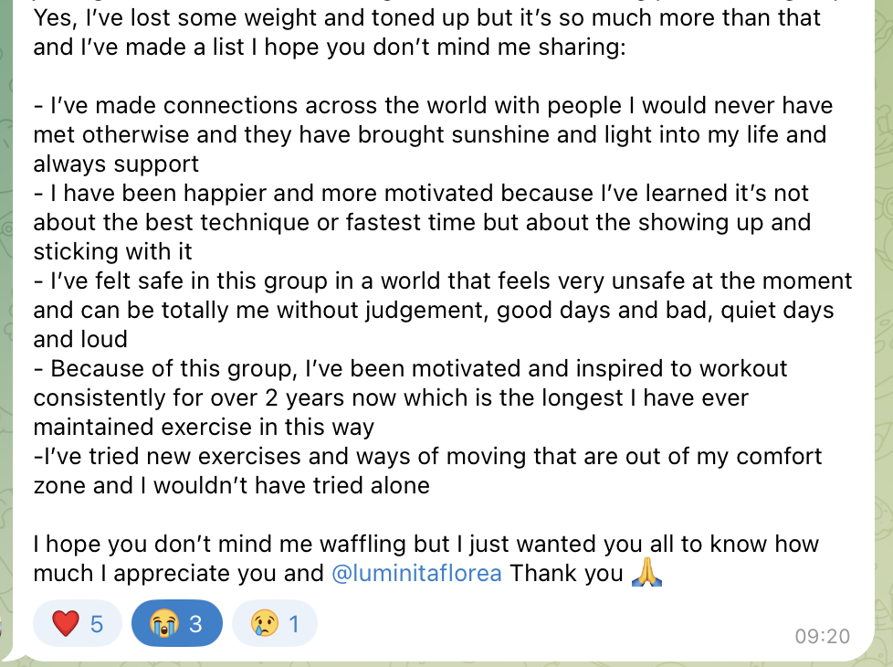 A real member message from the Glow Walk Club Telegram community