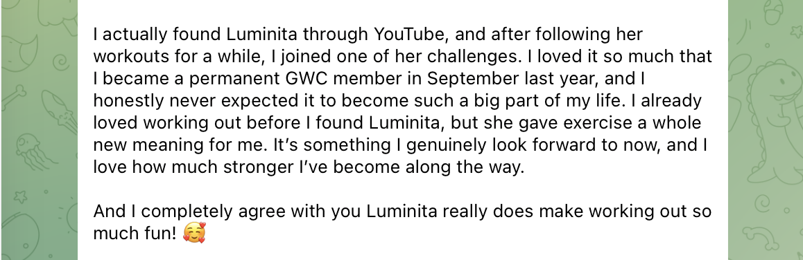 A real member message from the Glow Walk Club Telegram community
