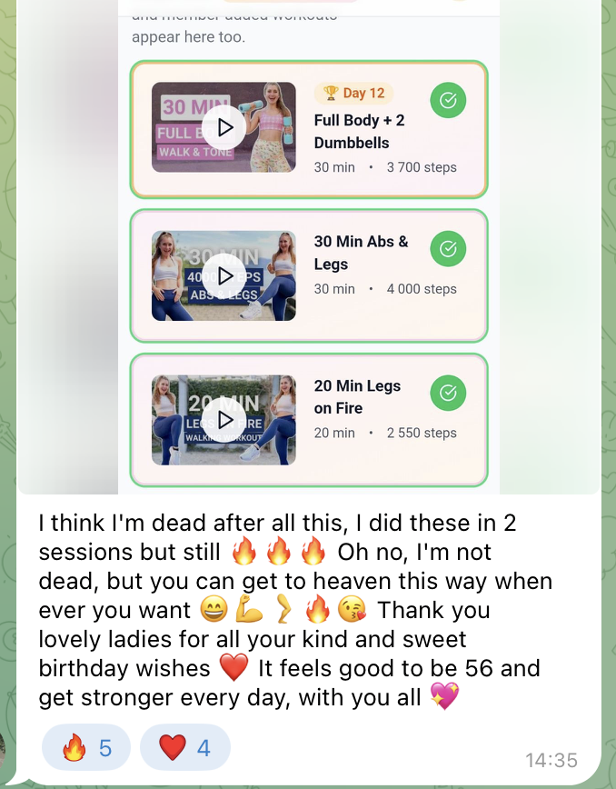 A real member check-in from the Glow Walk Club Telegram community