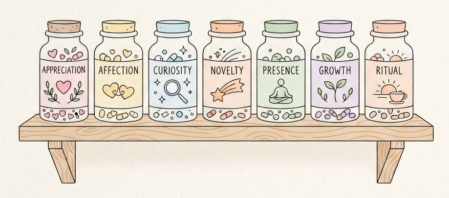 Apothecary shelf of relationship nutrients — appreciation, affection, curiosity, novelty, presence, growth, and ritual