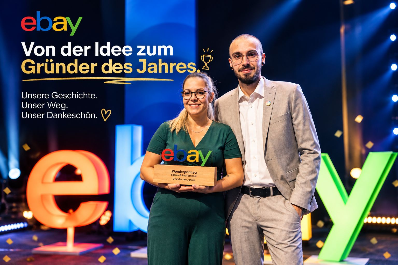 Sophia und Andi Strieder von Wonderprint.eu mit ihrem eBay Award 2026 als Gründer des Jahres
