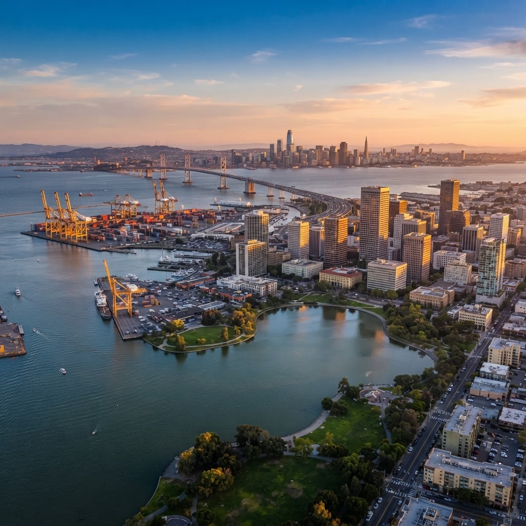Oakland skyline, Lake Merritt and the port waterfront at golden hour