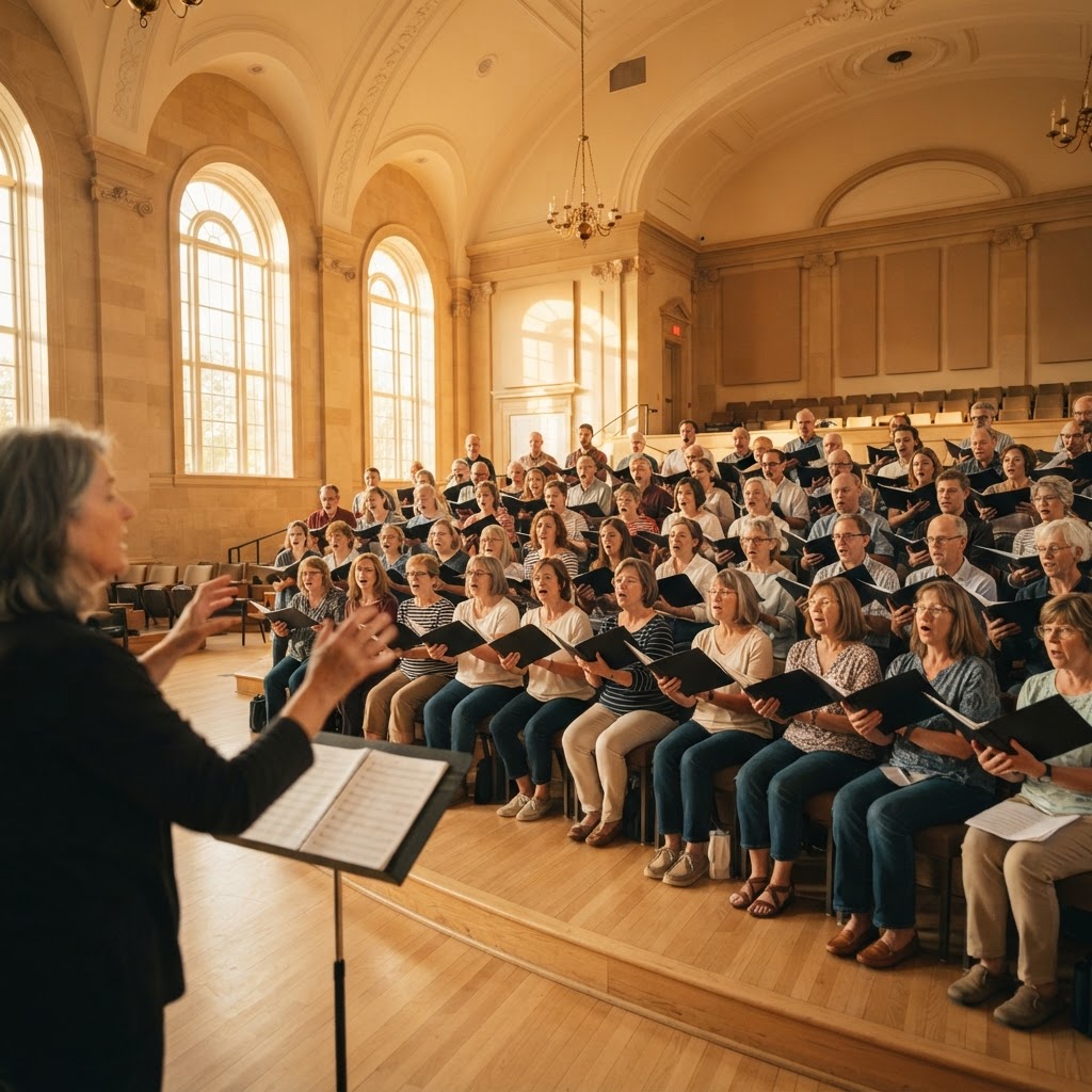 A choir rehearsing in a bright hall
