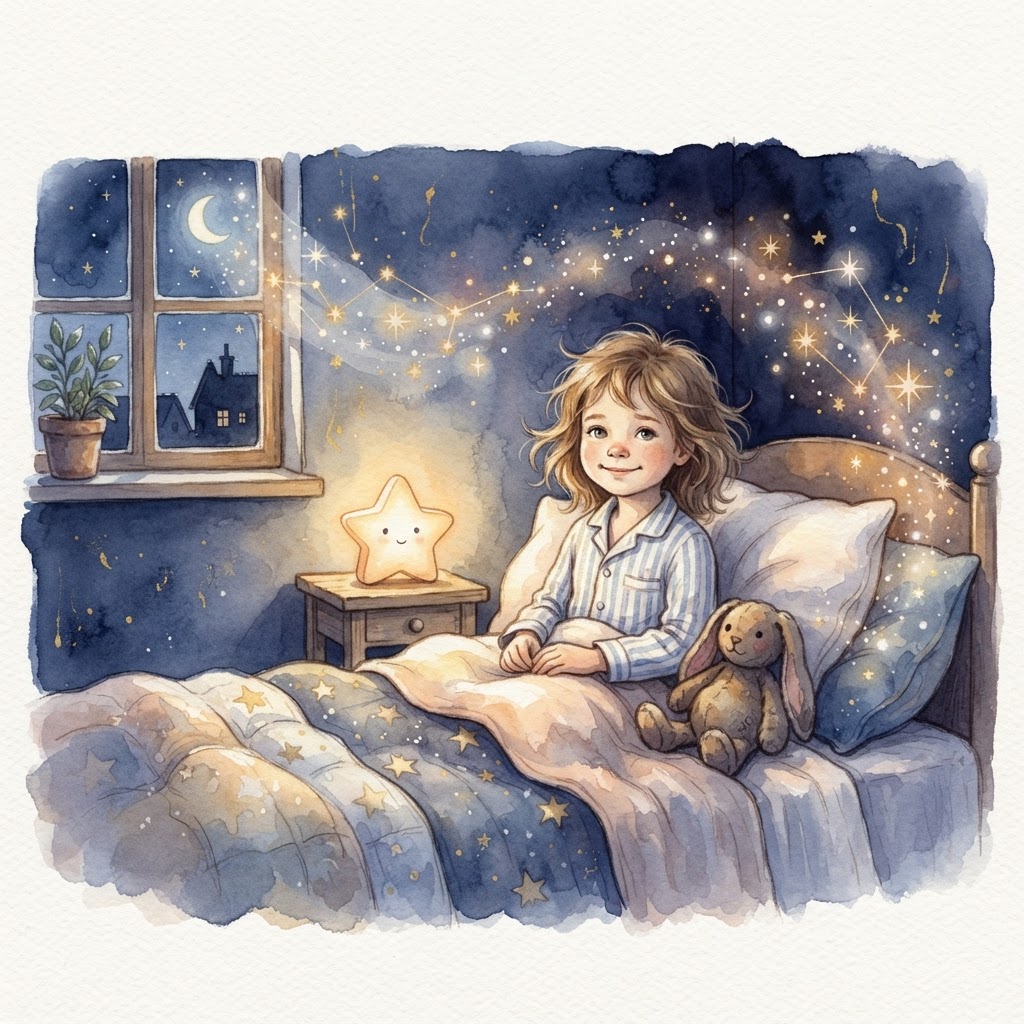 Brave child in bed beside a glowing star nightlight dispelling dark shadows
