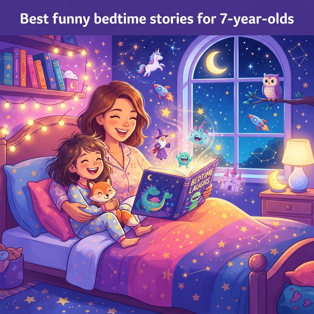 Featured image for Best funny bedtime stories for 7-year-olds - InstaTales AI storytelling blog