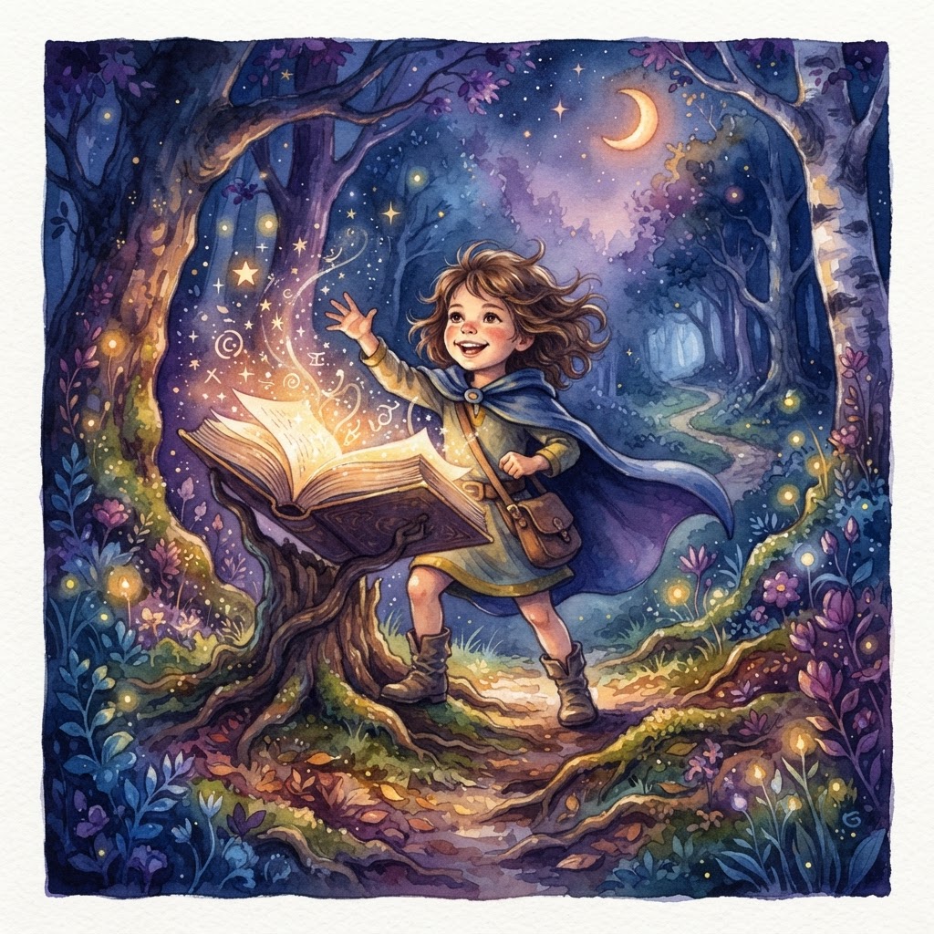 Confident child as the hero of a personalized storybook in a magical forest