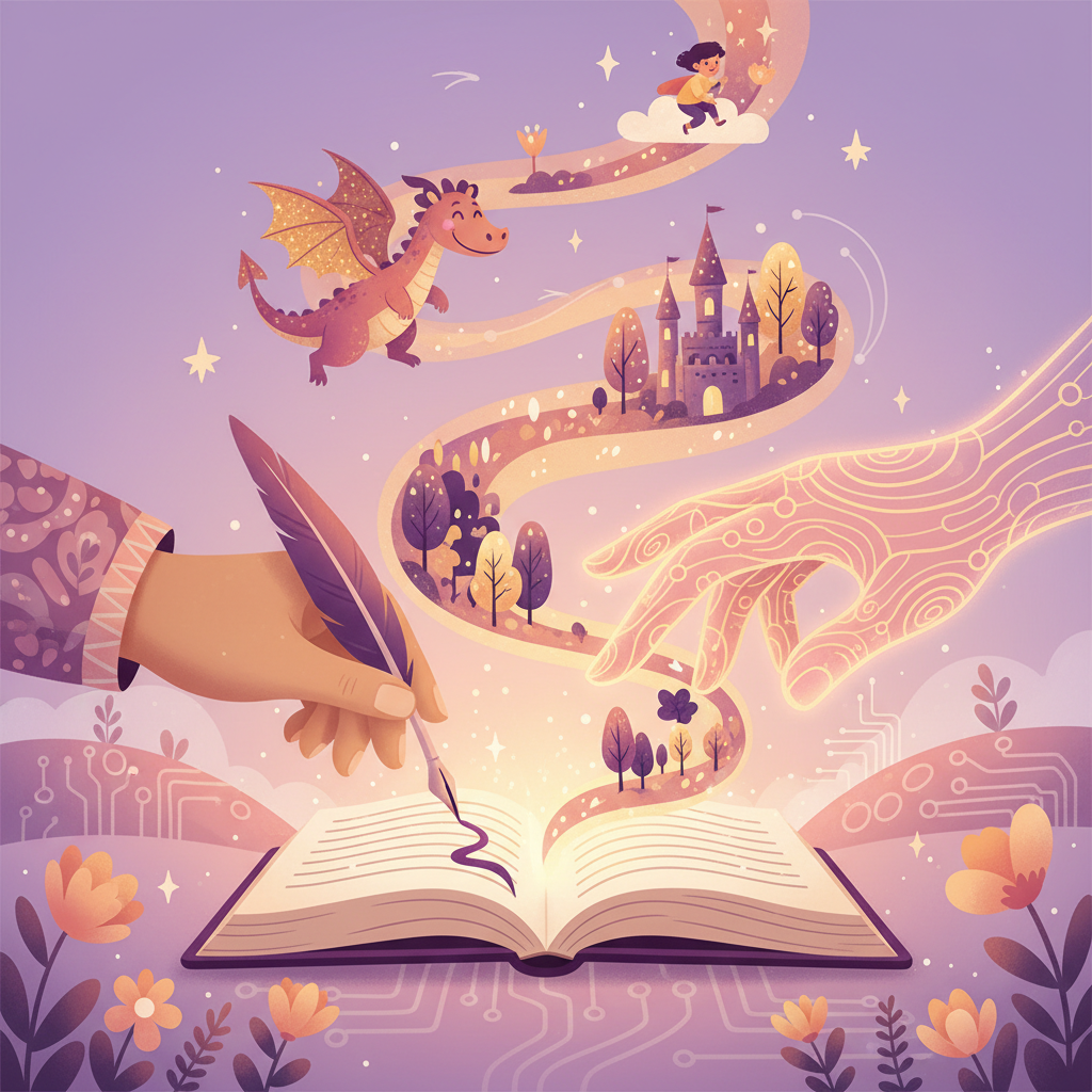 Parent and child reading together, combining AI technology with human warmth and connection