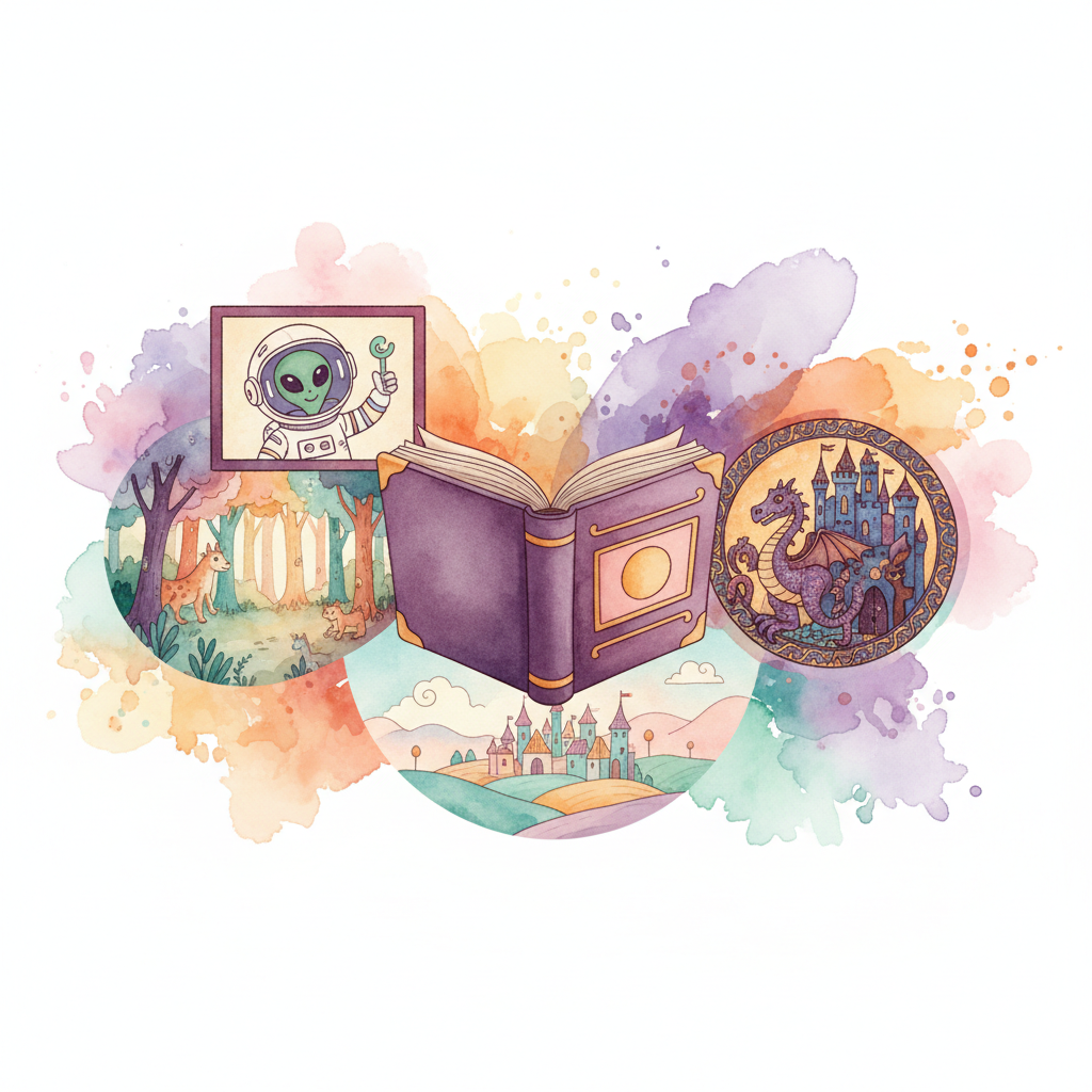 Collection of different illustration styles from watercolor to cartoon for children's storybooks