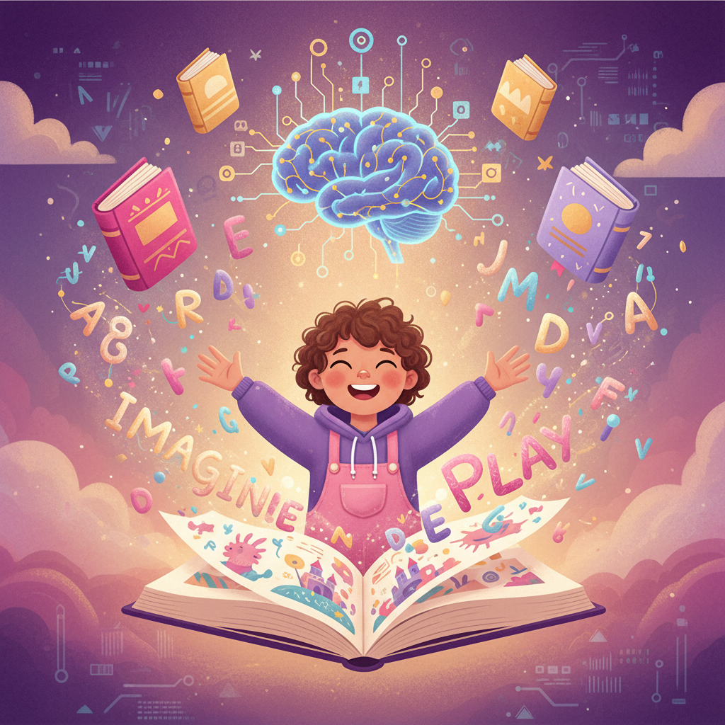 Young child learning to read with illustrated AI-generated educational storybook