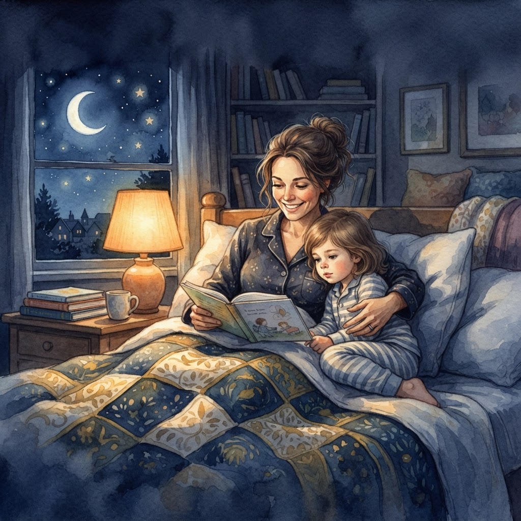 Parent and child reading a short stack of picture books together in bed at night