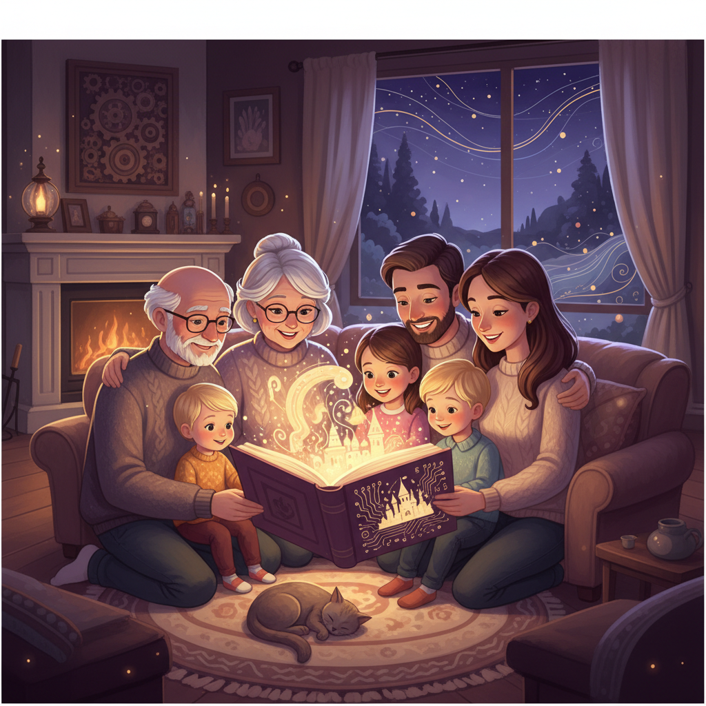 Multi-generational family enjoying storytelling time with personalized AI-generated tales
