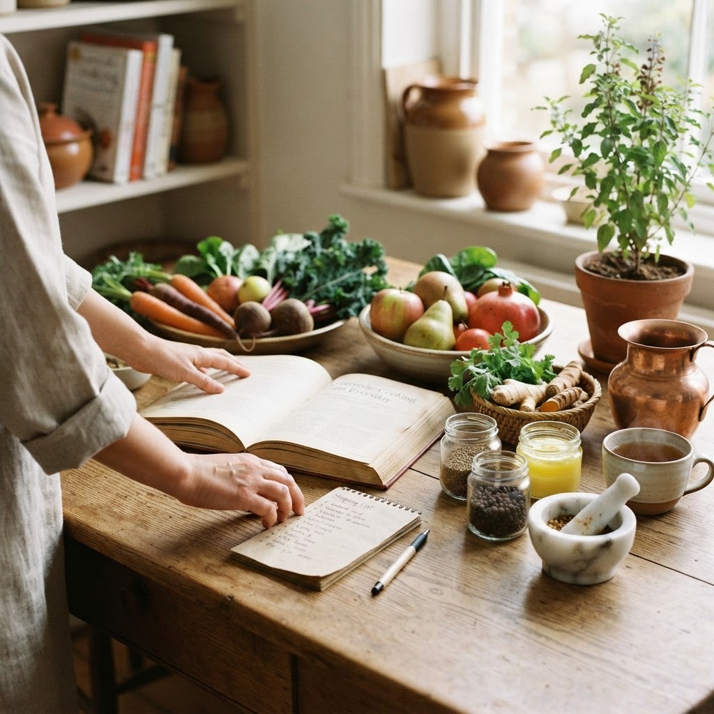 AI-generated kitchen scene with fruit, vegetables, a recipe book and a shopping notebook.