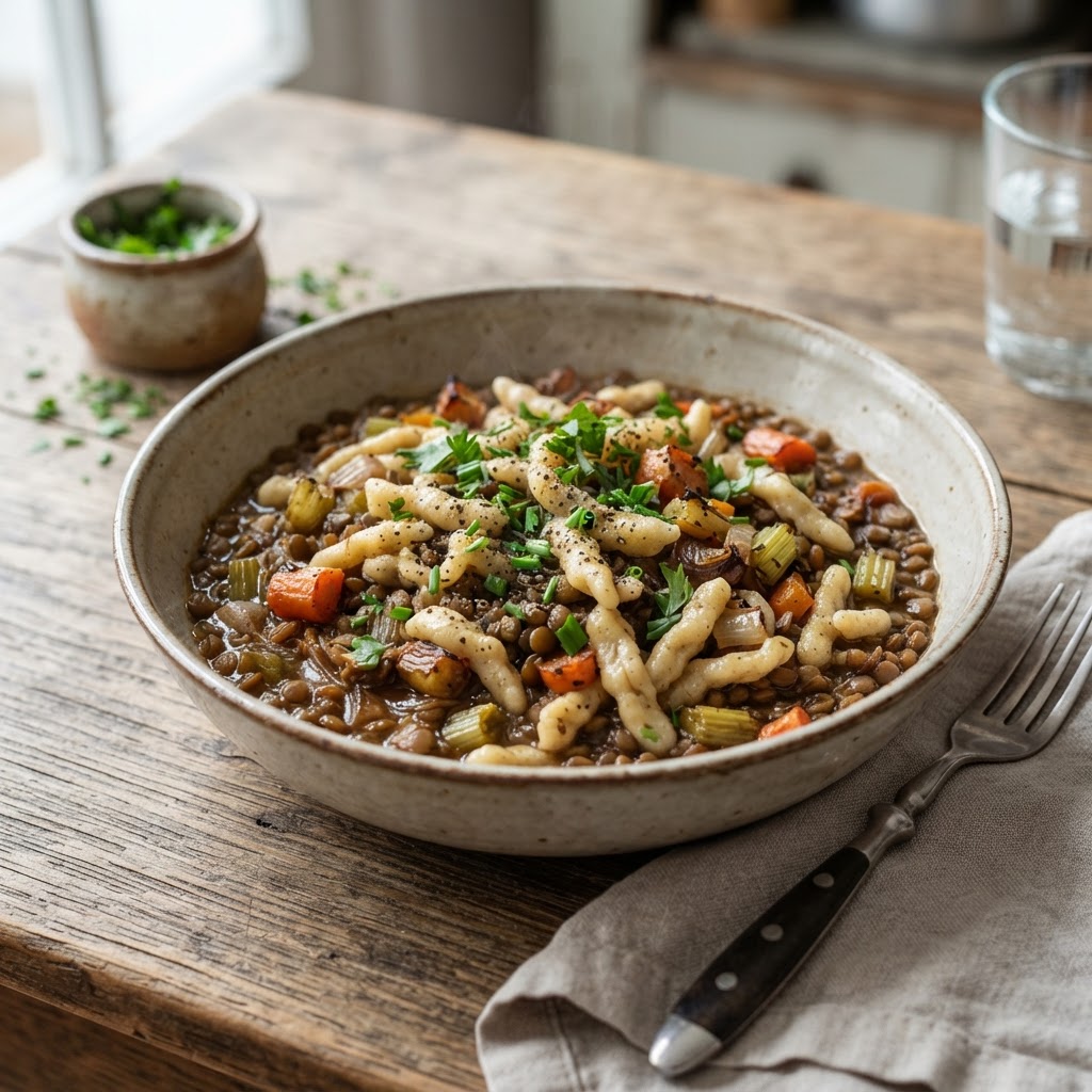 Linsen mit Dinkelspätzle und Wurzelgemüse