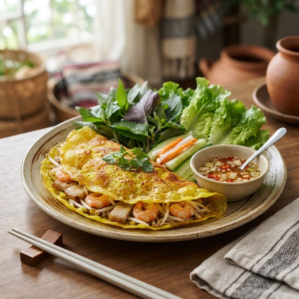 Vietnamesisches Bánh Xèo - knuspriger Reismehl-Pfannkuchen mit Garnelen