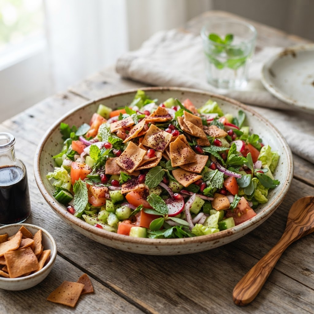 Libanesisches Fattoush - Brotsalat mit Sumach und Granatapfel
