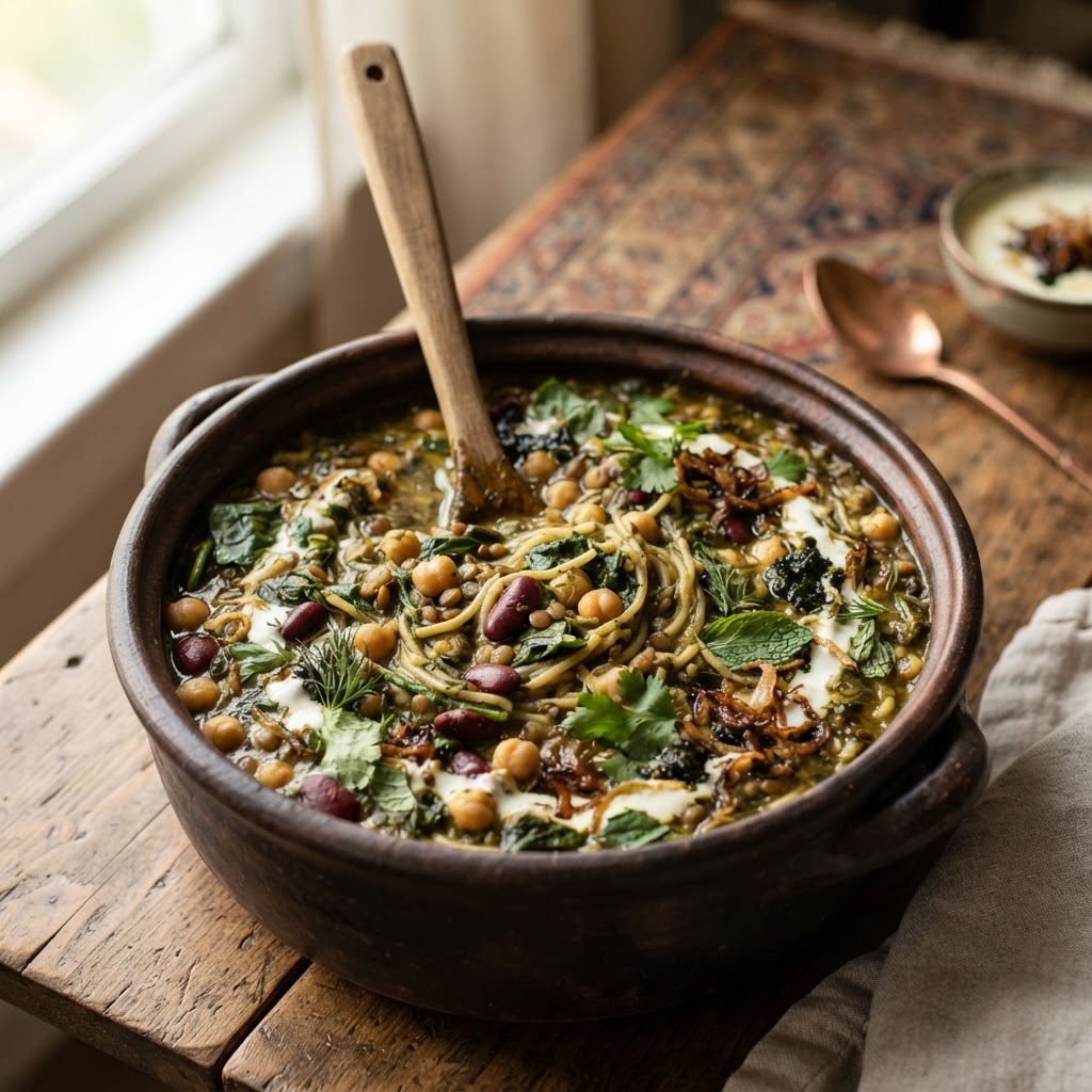 Persisches Ash Reshteh - Kräutersuppe mit drei Hülsenfrüchten