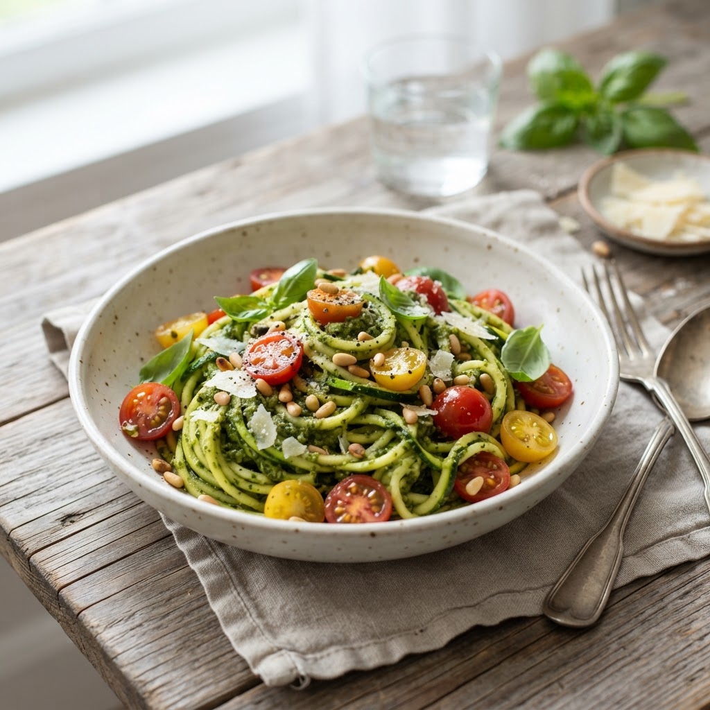 Zucchini-Nudeln mit Pesto und Tomaten