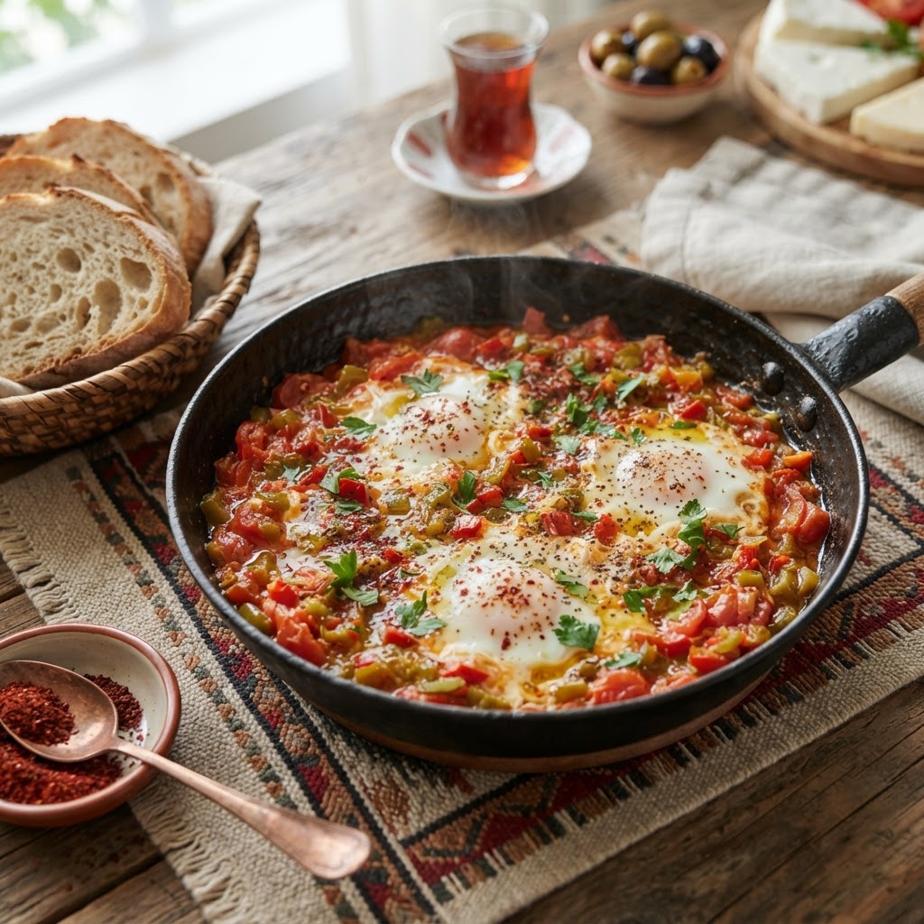 Türkisches Menemen - Rührei mit Tomate, Paprika und Pul Biber