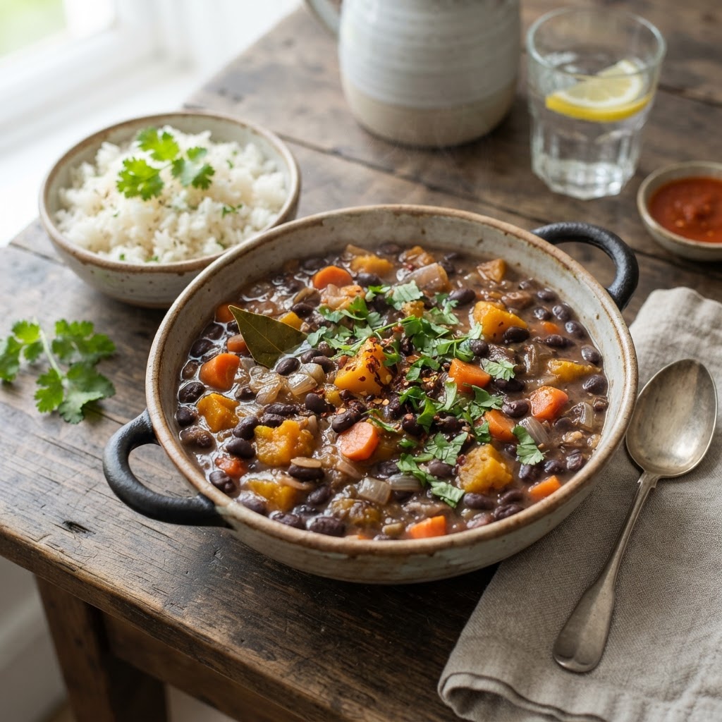 Portugiesische Feijoada de legumes - schwarze Bohnen mit Kürbis und Reis