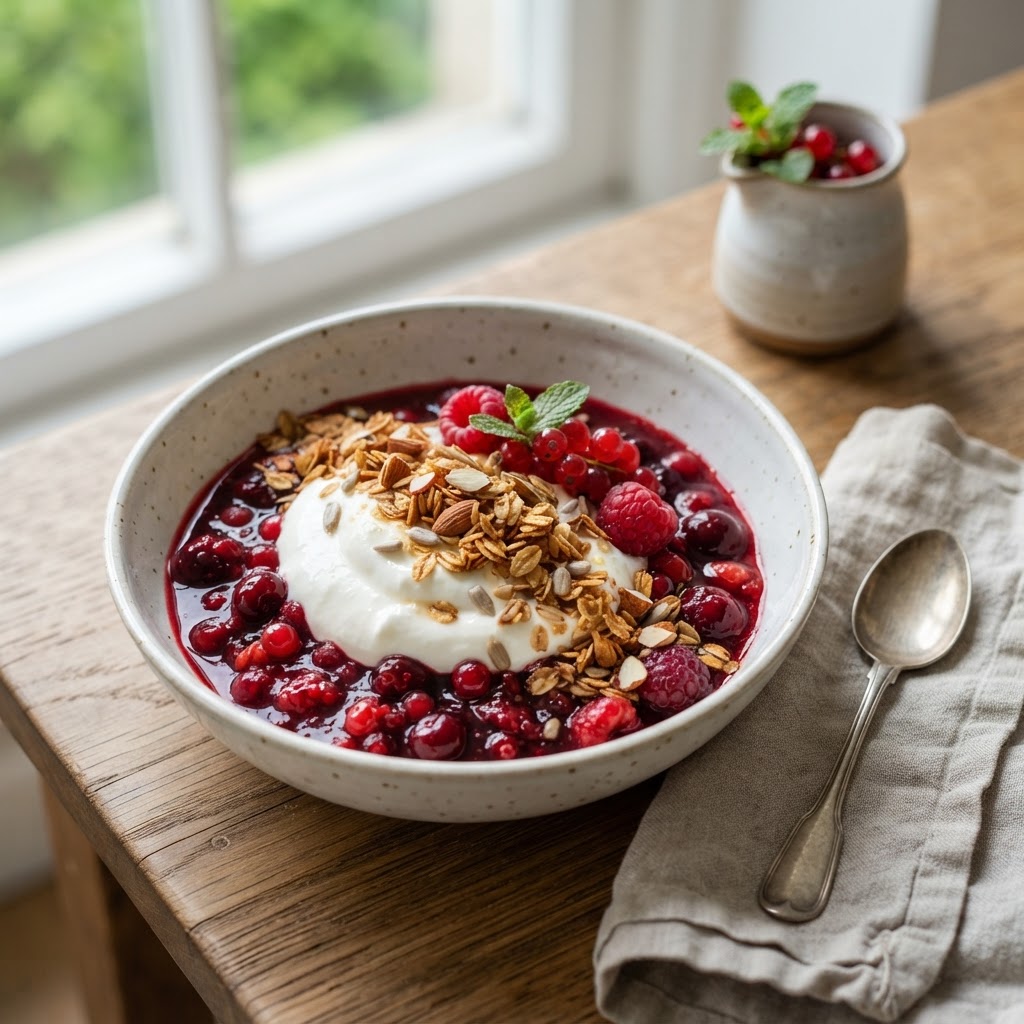 Rote Grütze mit Skyr und Hafer-Crunch