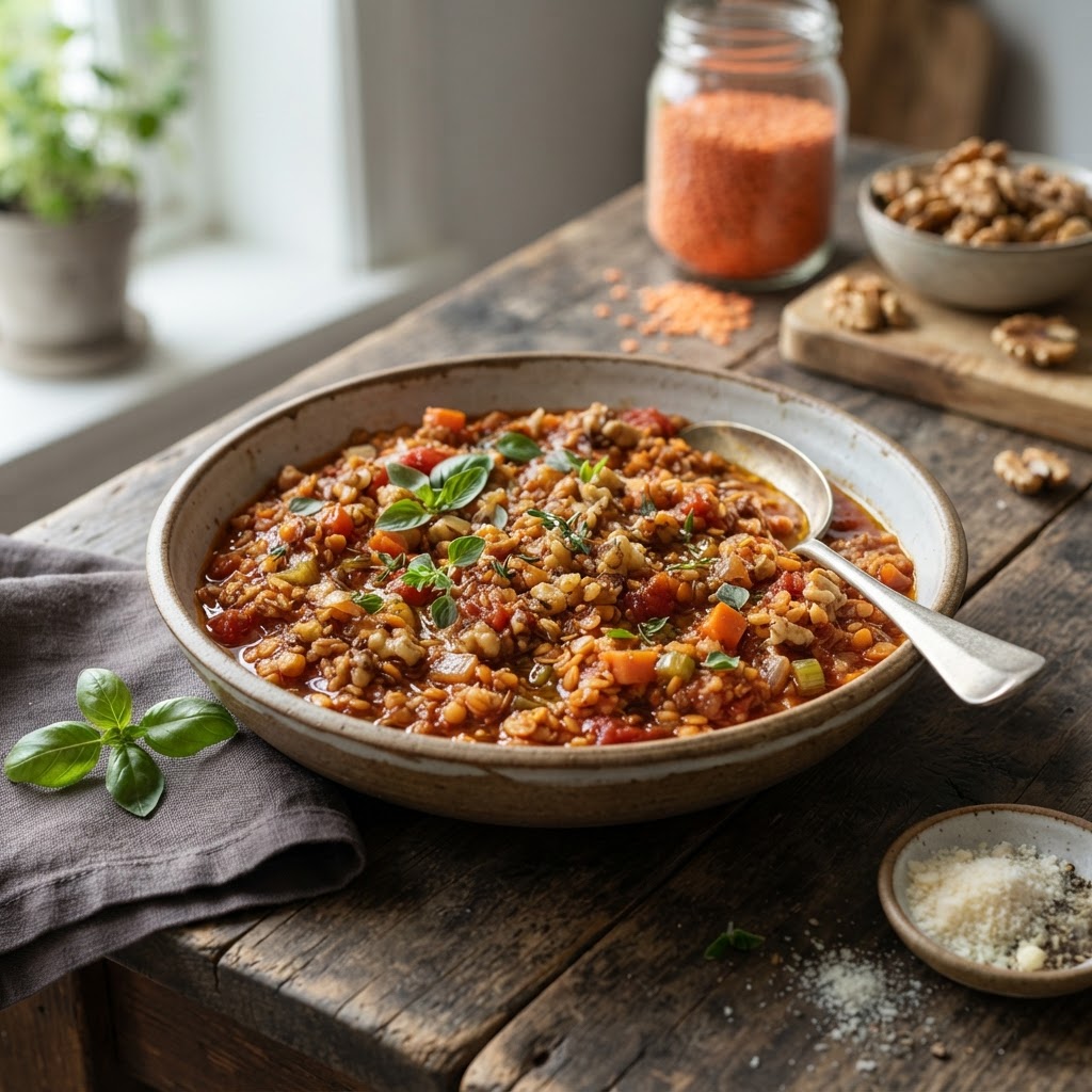 Veganer Hackfleischersatz aus roten Linsen und Walnüssen