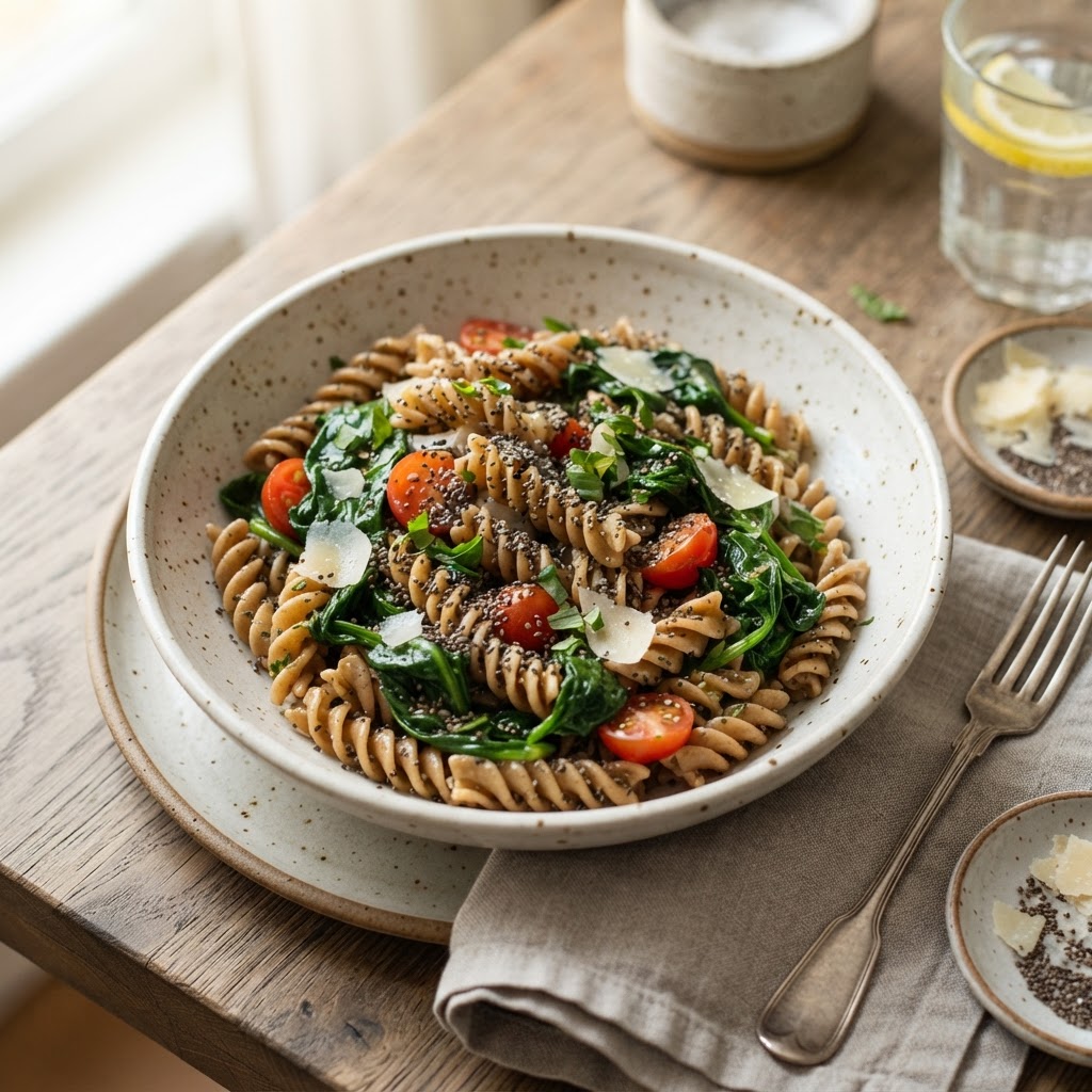 Vollkorn-Pasta mit Spinat und Chiasamen