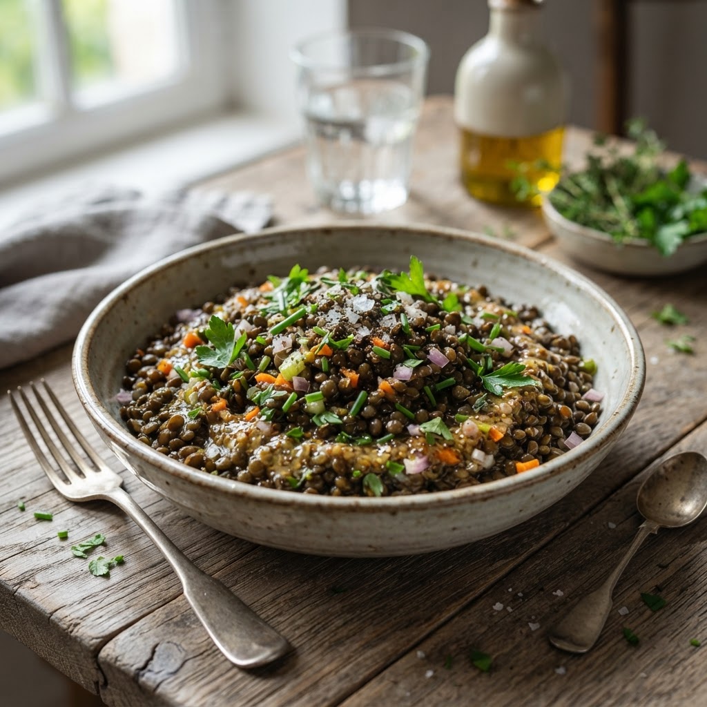 Französische Lentilles du Puy - Linsensalat mit Senfvinaigrette