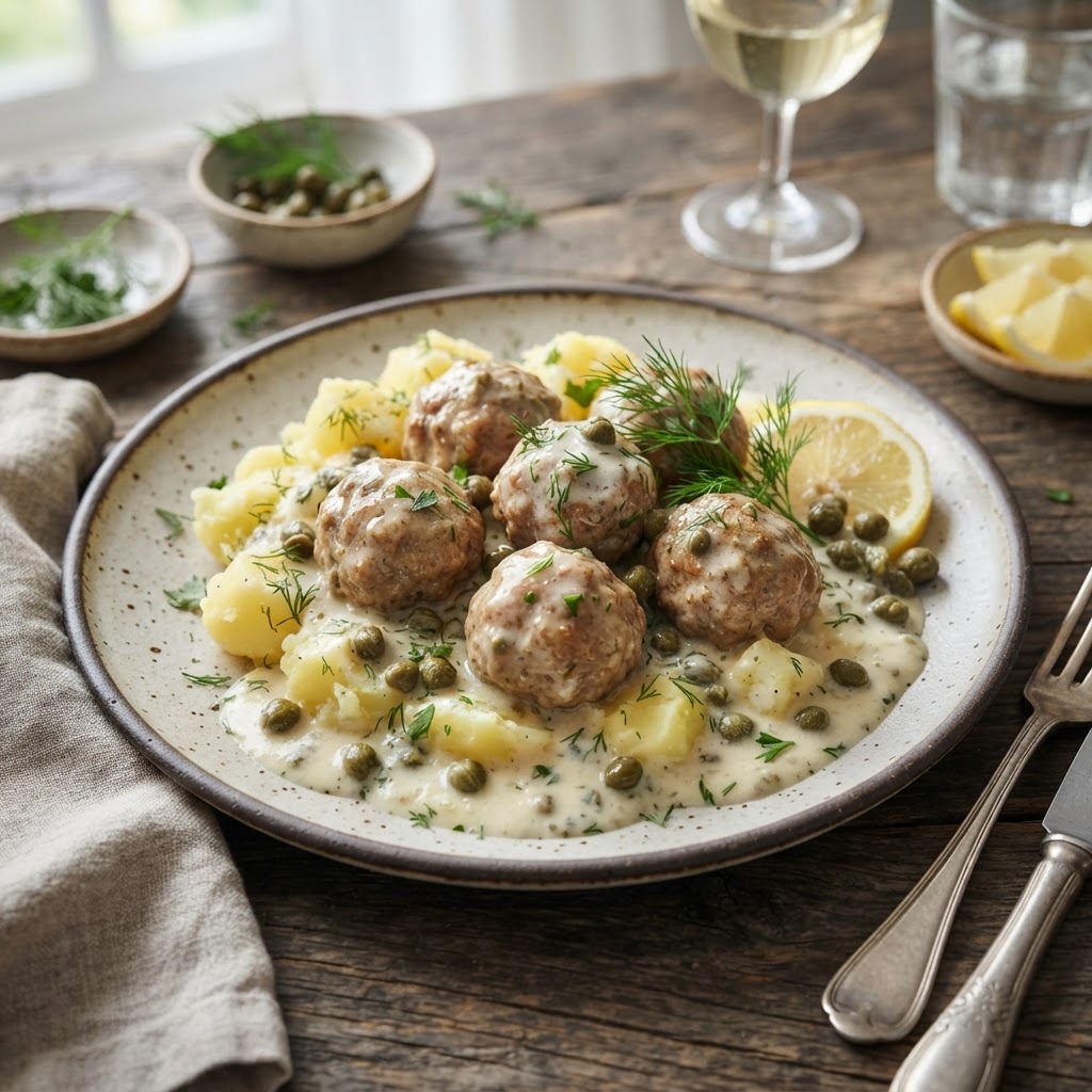Königsberger Klopse mit Kapernsauce auf Skyr statt Sahne