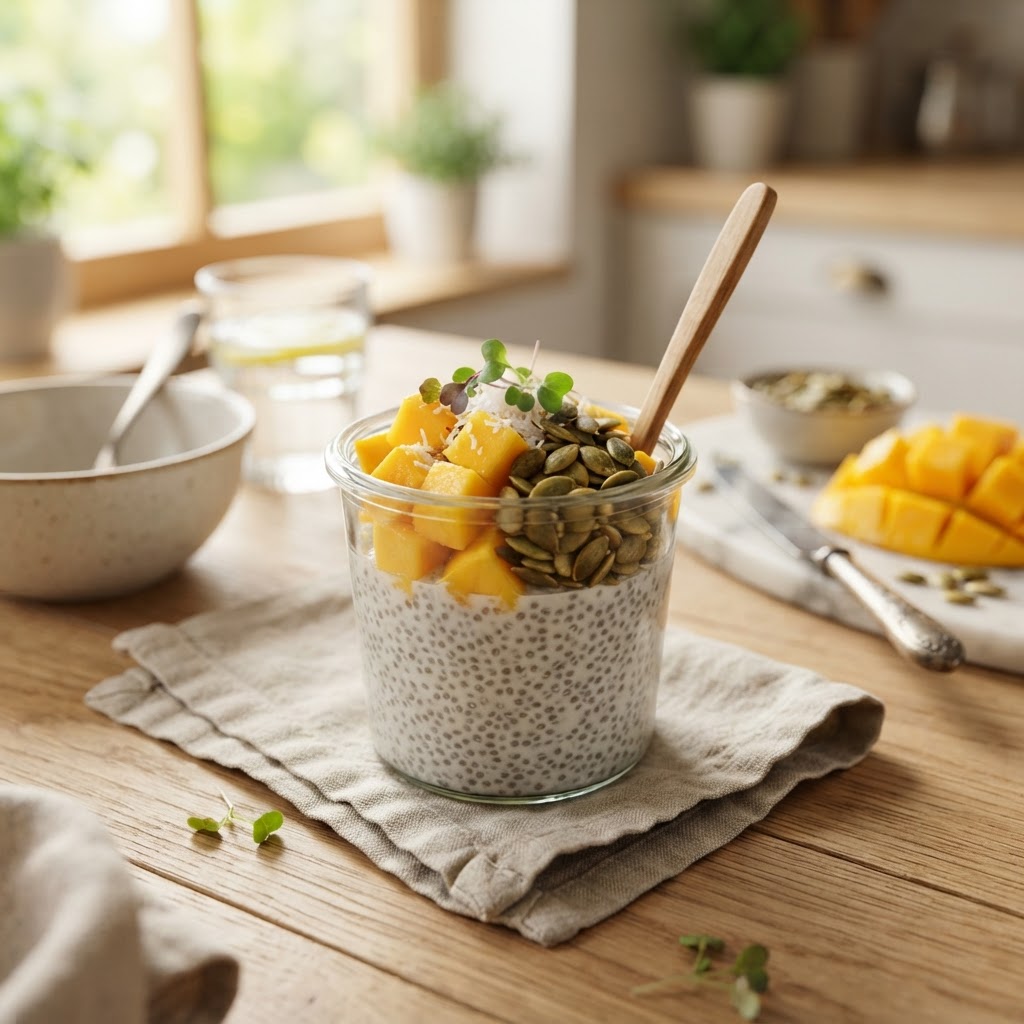 Chia-Pudding mit Kokosjoghurt, Mango und Kürbiskernen