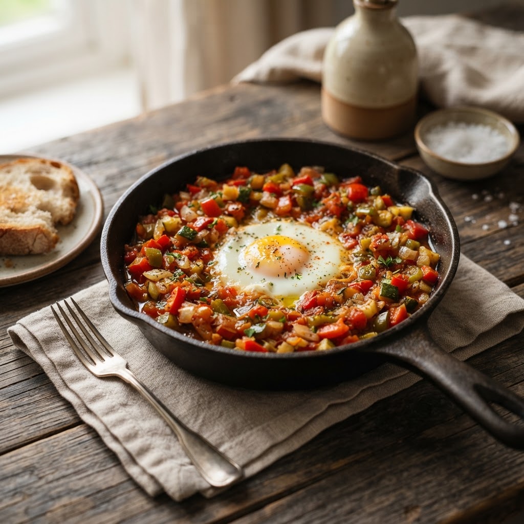 Spanisches Pisto manchego - Gemüseragout mit Ei aus La Mancha