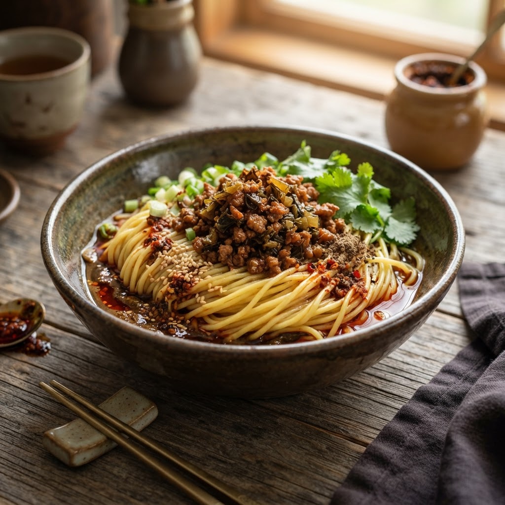 Chinesisches Dan Dan Mian - Nudeln mit Sesamsauce und Hackfleisch
