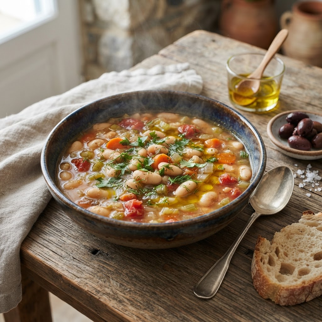 Griechische Fasolada - weiße Bohnensuppe mit Karotte und Sellerie