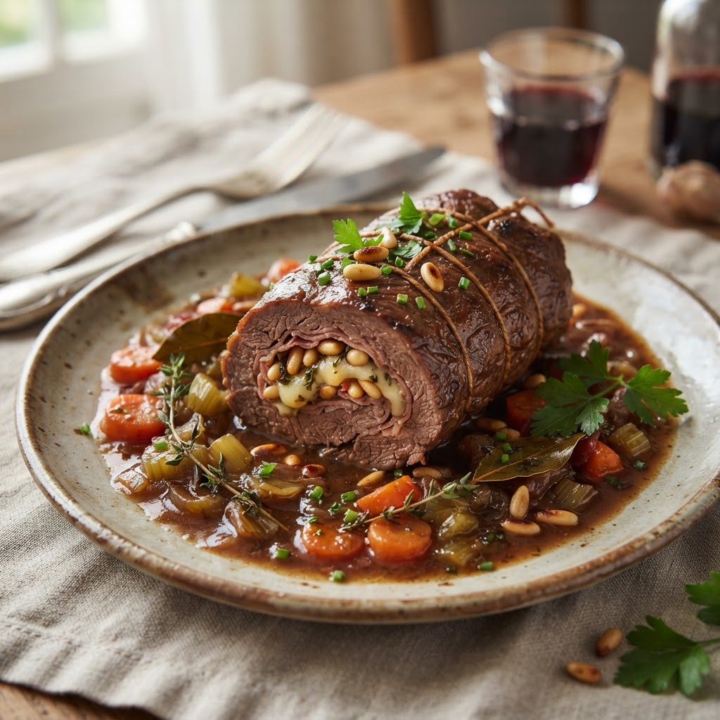 Rinderroulade mit Parmaschinken, Pinienkernen und Provolone