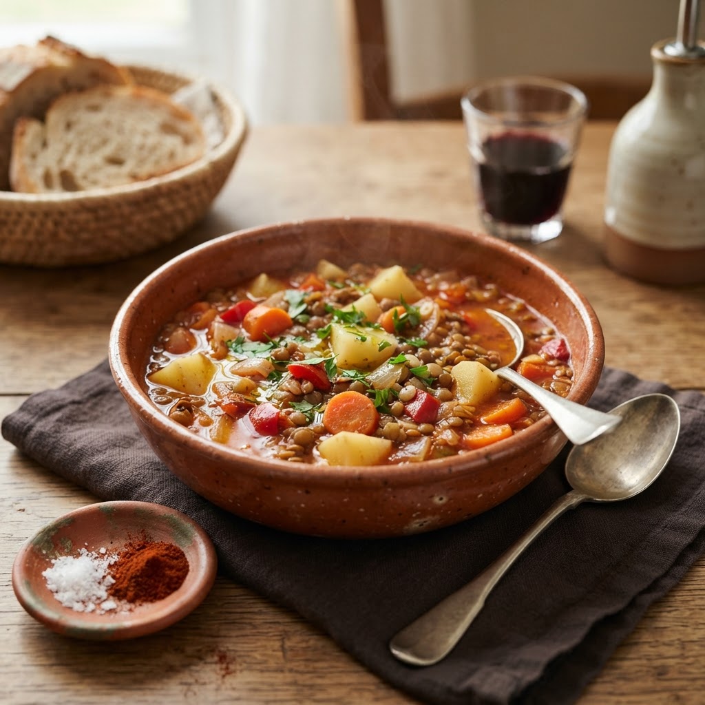 Spanische Lentejas estofadas - Linseneintopf mit Gemüse und geräuchertem Paprika