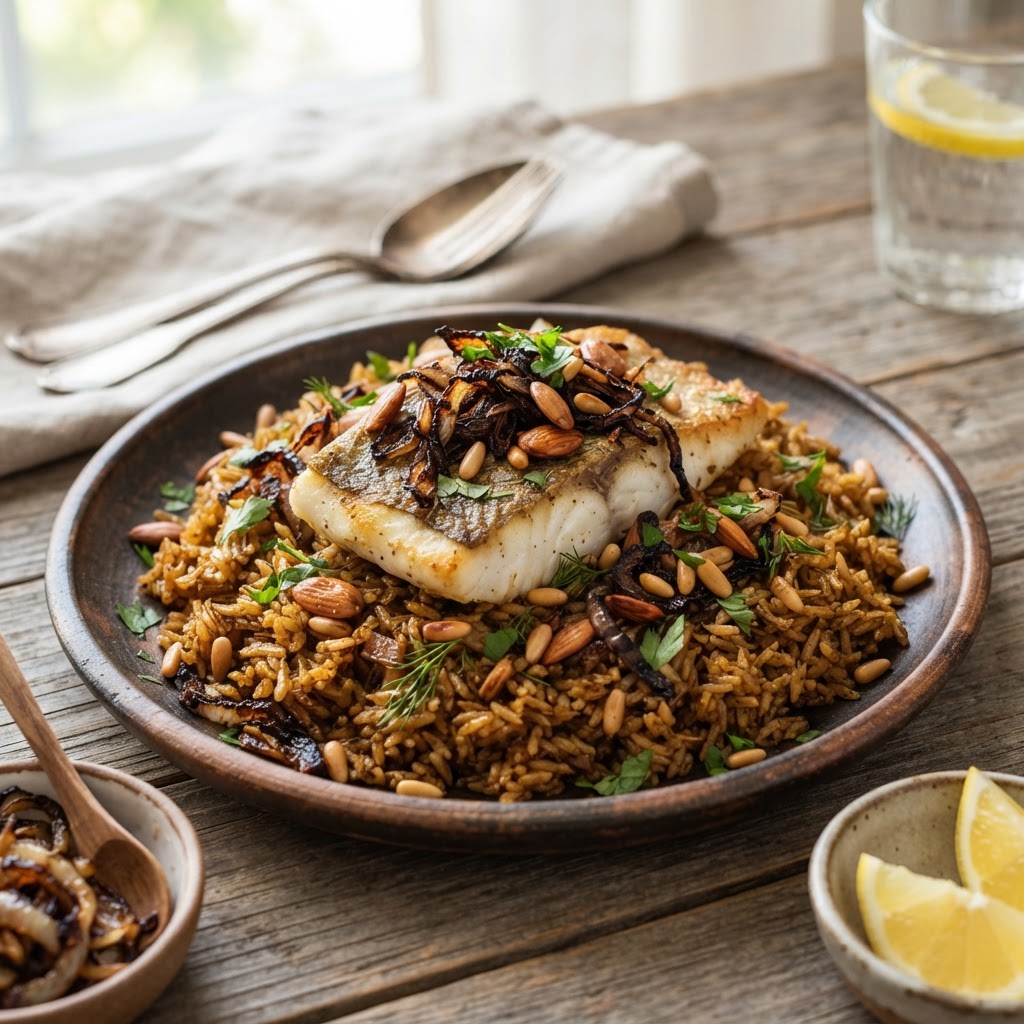 Libanesisches Sayadieh - Fisch auf Zimtreis mit gerösteten Zwiebeln