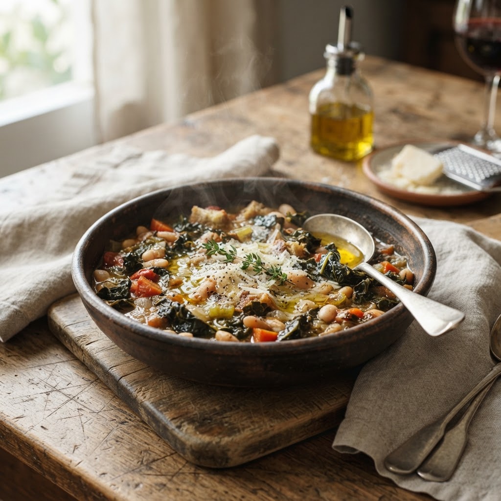 Toskanische Ribollita - aufgekochter Brot-Bohnen-Eintopf mit Schwarzkohl