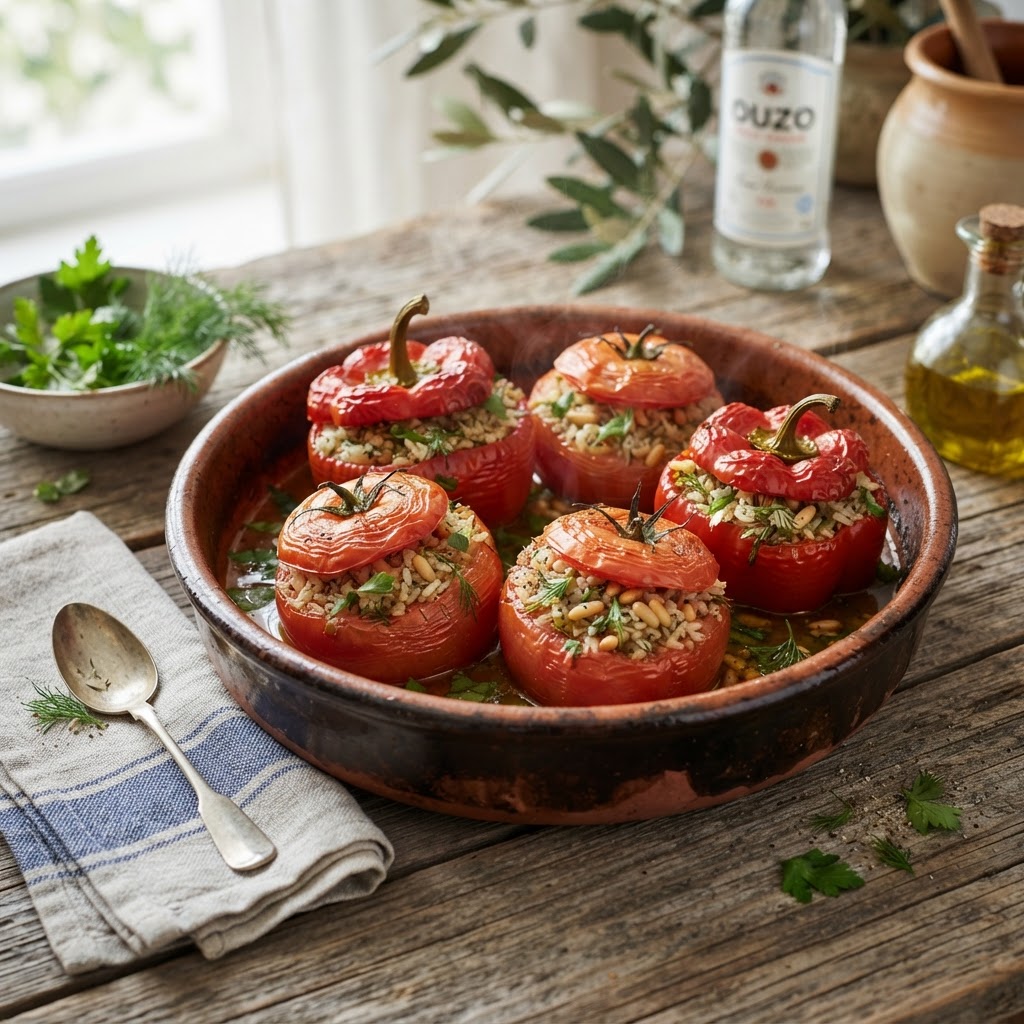 Griechische Gemista - gefüllte Paprika und Tomaten mit Reis