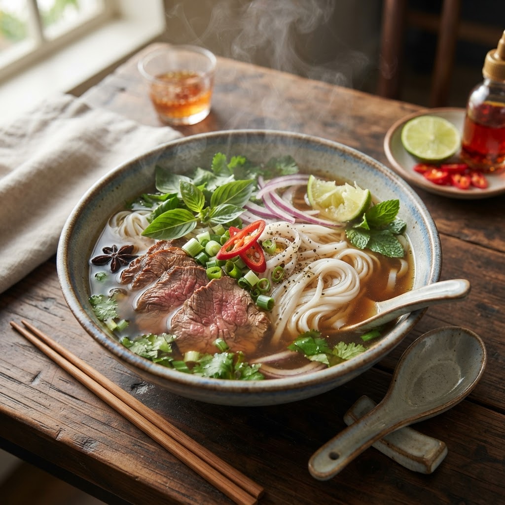 Vietnamesisches Phở Bò - Rindersuppe mit Reisnudeln und Kräutern