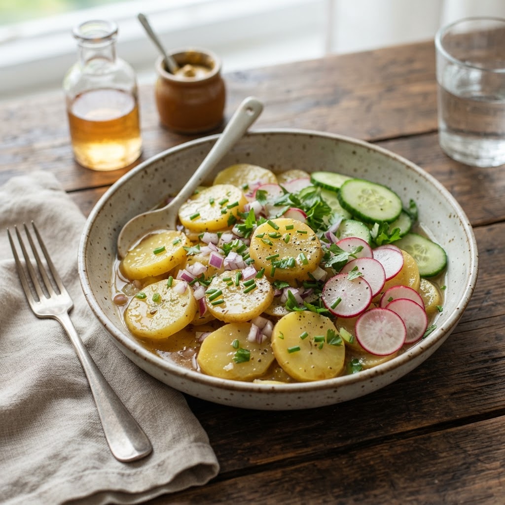Schwäbischer Kartoffelsalat mit Brühe, Gurke und Radieschen