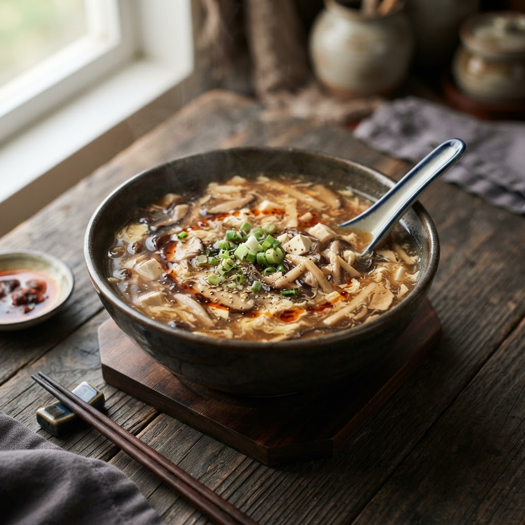 Chinesisches Suan La Tang - scharf-saure Suppe mit Tofu und Pilzen